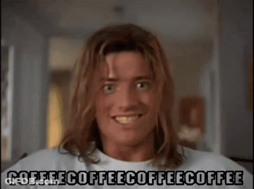 A Man With Long Hair Is Smiling With The Words Coffee Coffee Coffee Coffee Written Below Him GIF