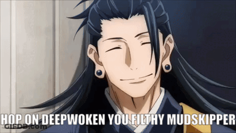A Man With Long Hair Is Smiling With The Words Hop On Deepwoken You Filthy Mudskipper Above Him GIF