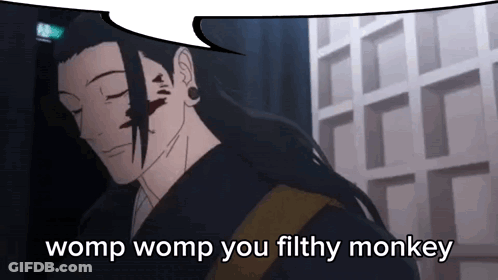 A Man With Long Hair Is Standing In Front Of A Building With A Speech Bubble That Says Womp Womp You Filthy Monkey GIF