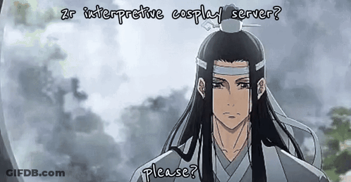A Man With Long Hair Is Standing In Front Of A Cloudy Sky With The Words " Zr Interpretive Cosplay Server Please " Below GIF