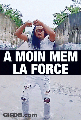 A Man With Long Hair Is Standing In The Water With The Words A Moin Mem La Force GIF