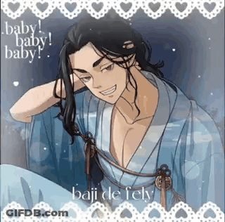 A Man With Long Hair Is Wearing A Blue Kimono And Smiling With His Hand On His Head . GIF