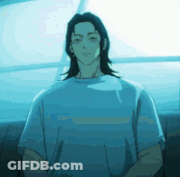 A Man With Long Hair Is Wearing A Blue T-Shirt And Standing In Front Of A Window . GIF