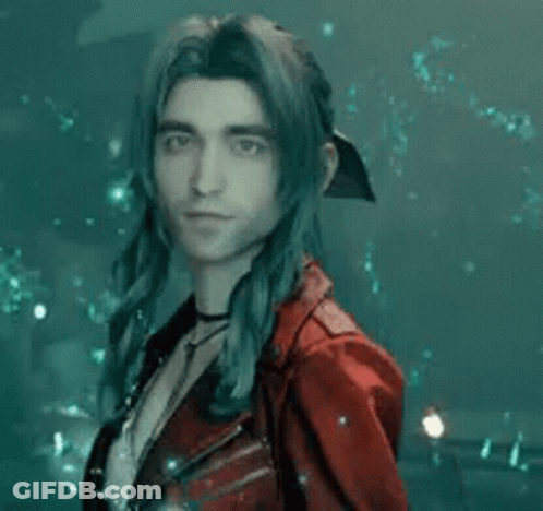 A Man With Long Hair Is Wearing A Red Leather Jacket And A Choker . GIF
