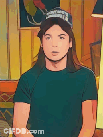A Man With Long Hair Wearing A Hat That Says Wayne On It GIF