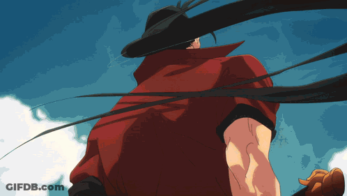 A Man With Long Hair Wearing A Red Vest And A Hat GIF