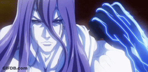 A Man With Long Purple Hair Has A Blue Lightning Bolt In His Hand GIF