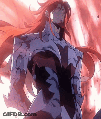 A Man With Long Red Hair And A Beard Is Wearing A Blue Armor GIF