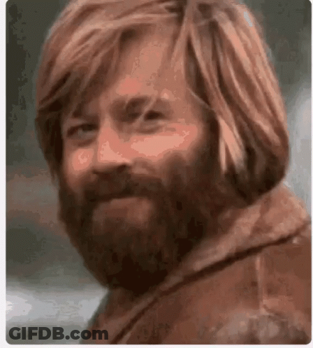 A Man With Long Red Hair And A Beard Looks At The Camera . GIF