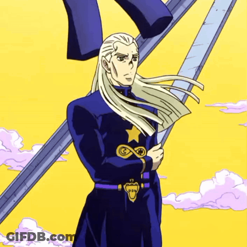 A Man With Long White Hair And A Star On His Belt Is Standing In Front Of A Yellow Background GIF