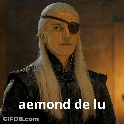 A Man With Long White Hair And An Eye Patch Says Aemond De Lu On The Bottom GIF