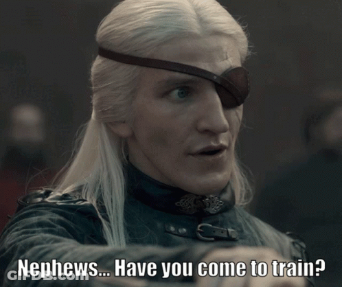 A Man With Long White Hair And An Eye Patch Says Nephews Have You Come To Train GIF