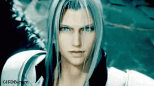A Man With Long White Hair And Blue Eyes Is Looking At The Camera In A Video Game . GIF