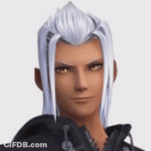 A Man With Long White Hair And Brown Eyes Is Wearing A Black Jacket And Smiling . GIF
