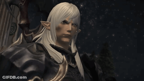 A Man With Long White Hair And Ears Is Standing In The Dark GIF
