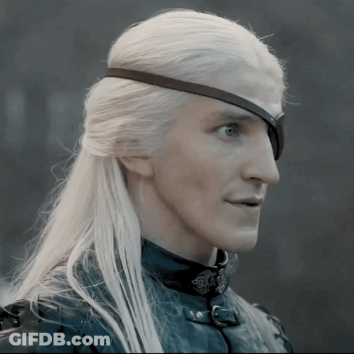 A Man With Long White Hair Has A Black Eye Patch GIF