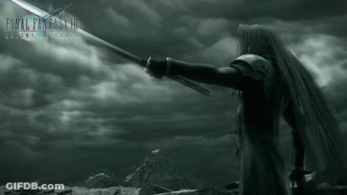 A Man With Long White Hair Is Holding A Sword In Front Of A Final Fantasy Iii Logo GIF