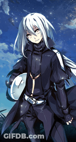 A Man With Long White Hair Is Holding A White Clock GIF
