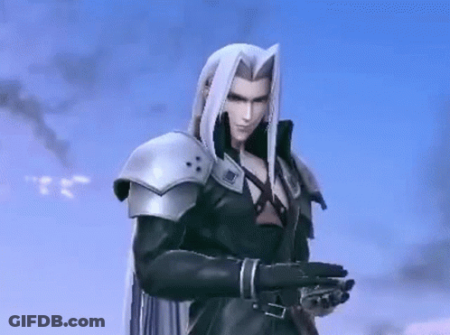 A Man With Long White Hair Is Standing In Front Of A Blue Sky Holding A Sword . GIF