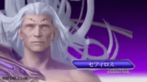 A Man With Long White Hair Is Standing In Front Of A Purple Background And A Sign That Says Sephiroth GIF