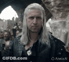 A Man With Long White Hair Is Wearing A Black Leather Jacket And A Necklace . GIF