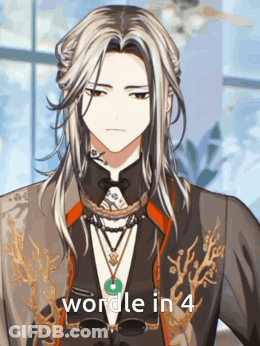 A Man With Long White Hair Is Wearing A Tuxedo And Necklaces With The Words " Wordle In 4 " Below Him GIF
