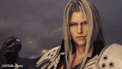 A Man With Long White Hair Is Wearing Armor And Holding A Red Object . GIF