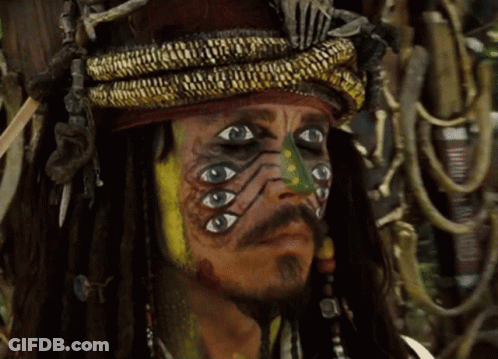 A Man With Many Eyes Painted On His Face Looks At The Camera GIF