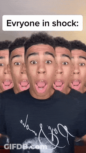 A Man With Many Faces And The Words " Everyone In Shock " Above Him GIF