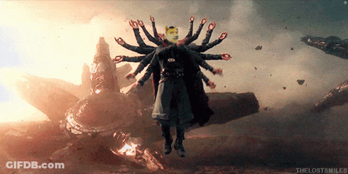 A Man With Many Hands Is Flying Through The Air With A Caption That Says The Lost Smiles GIF