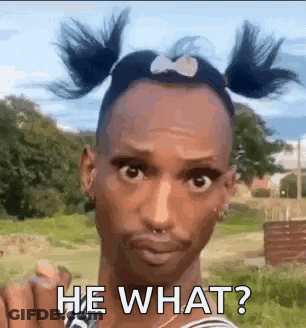 A Man With Pigtails On His Head And The Words `` He What ? '' Is Standing In A Field . GIF