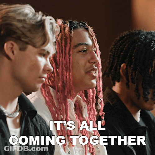 A Man With Pink Dreadlocks Has The Words It 'S All Coming Together On The Bottom GIF