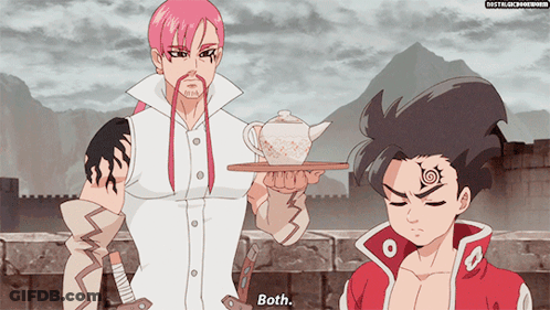 A Man With Pink Hair Holds A Teapot On A Tray Next To Another Man With Black Hair GIF