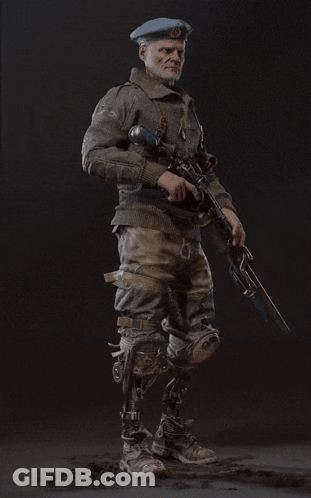 A Man With Prosthetic Legs Is Holding A Sniper Rifle GIF