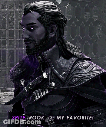 A Man With Purple Eyes And A Beard Is Wearing A Purple Armor And Says Spite Rook Is My Favorite . GIF