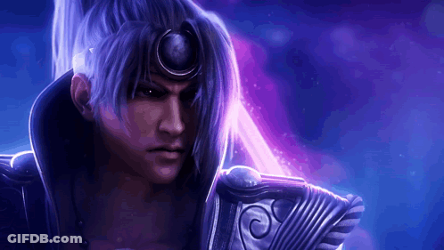 A Man With Purple Hair And A Purple Background Is Holding A Sword GIF