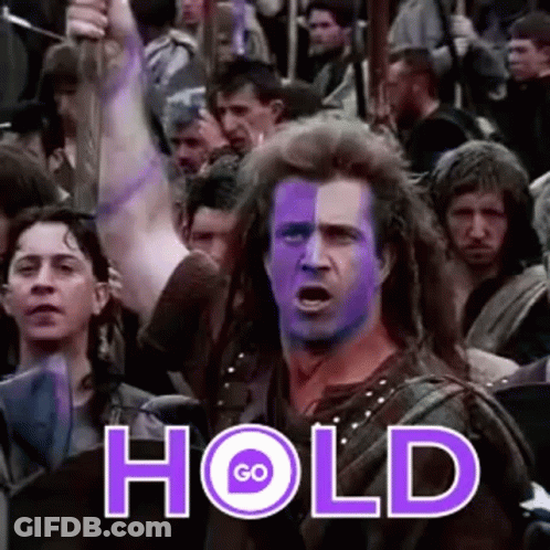 A Man With Purple Hair Is Holding A Sword In Front Of A Crowd Of People And Says `` Hold '' . GIF