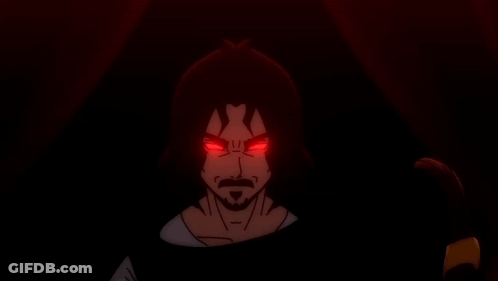 A Man With Red Eyes And A Beard Looks Angry GIF