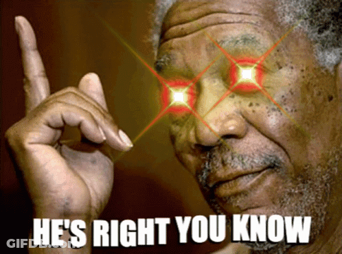 Man With Red Eyes And He's Right You Know Text GIF