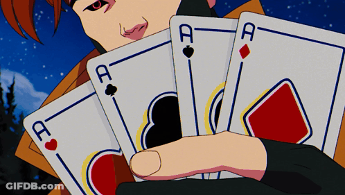 A Man With Red Eyes Is Holding Four Aces Playing Cards GIF