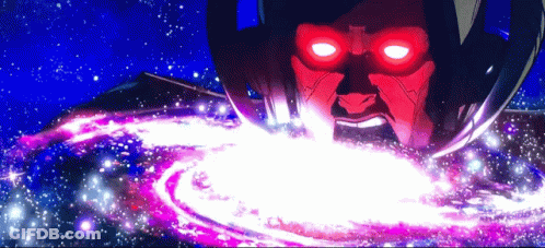 A Man With Red Eyes Is Surrounded By A Purple Galaxy GIF