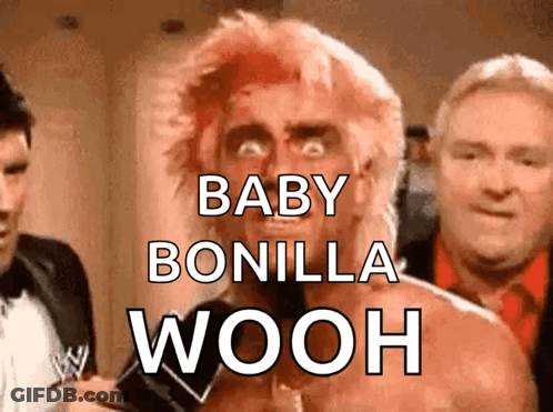 A Man With Red Hair And The Words Baby Bonilla Wooh Written On His Face GIF