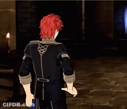 A Man With Red Hair Is Holding A Sword In A Dark Room GIF