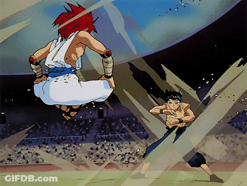 A Man With Red Hair Is Jumping In The Air While Another Man In A Yellow Shirt Stands Behind Him GIF