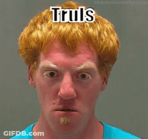 A Man With Red Hair Is Wearing A Blue Shirt And Has The Word Truls On His Head GIF