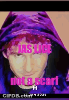 A Man With Red Hair Is Wearing A Purple Hoodie And The Words Jas Lice Not A Scarf GIF
