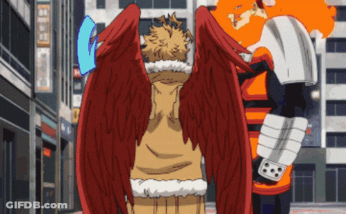 A Man With Red Wings Is Standing Next To A Man With Orange Wings GIF