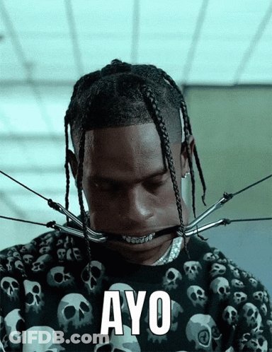 A Man With Skulls On His Shirt Has The Word Ayo Written On His Face GIF