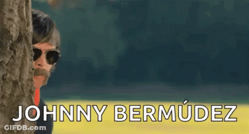 A Man With Sunglasses And A Mustache Is Peeking Out From Behind A Tree And The Name Johnny Bermudez Is On The Bottom GIF