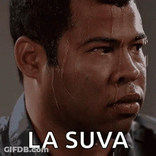 A Man With Sweat Coming Out Of His Face And The Words La Suva Written Below Him GIF